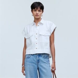 madewell flap pocket linen oversized button up shirt in white